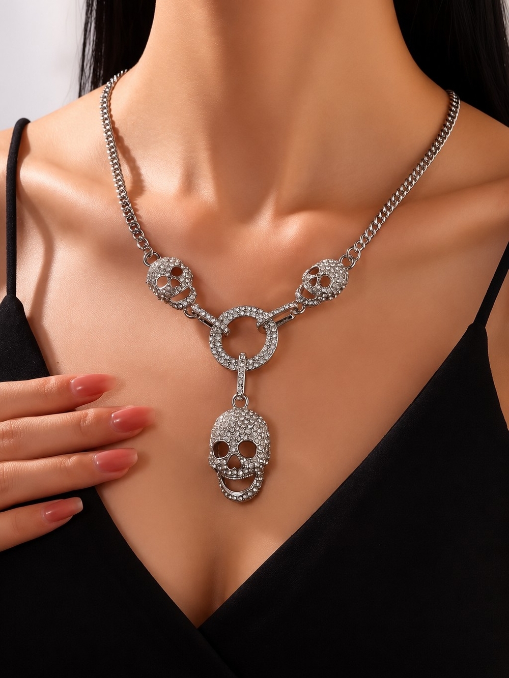 Crystal Skull Pendant Necklace in Silver Tone - Women's Statement Jewelry